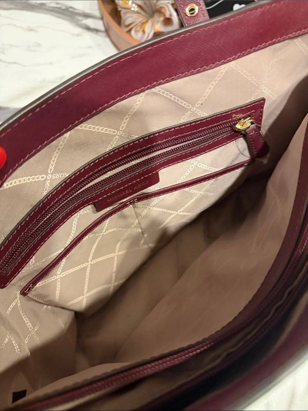 Michael Kors Burgundy Saffiano Leather Tote with Gold Hardware